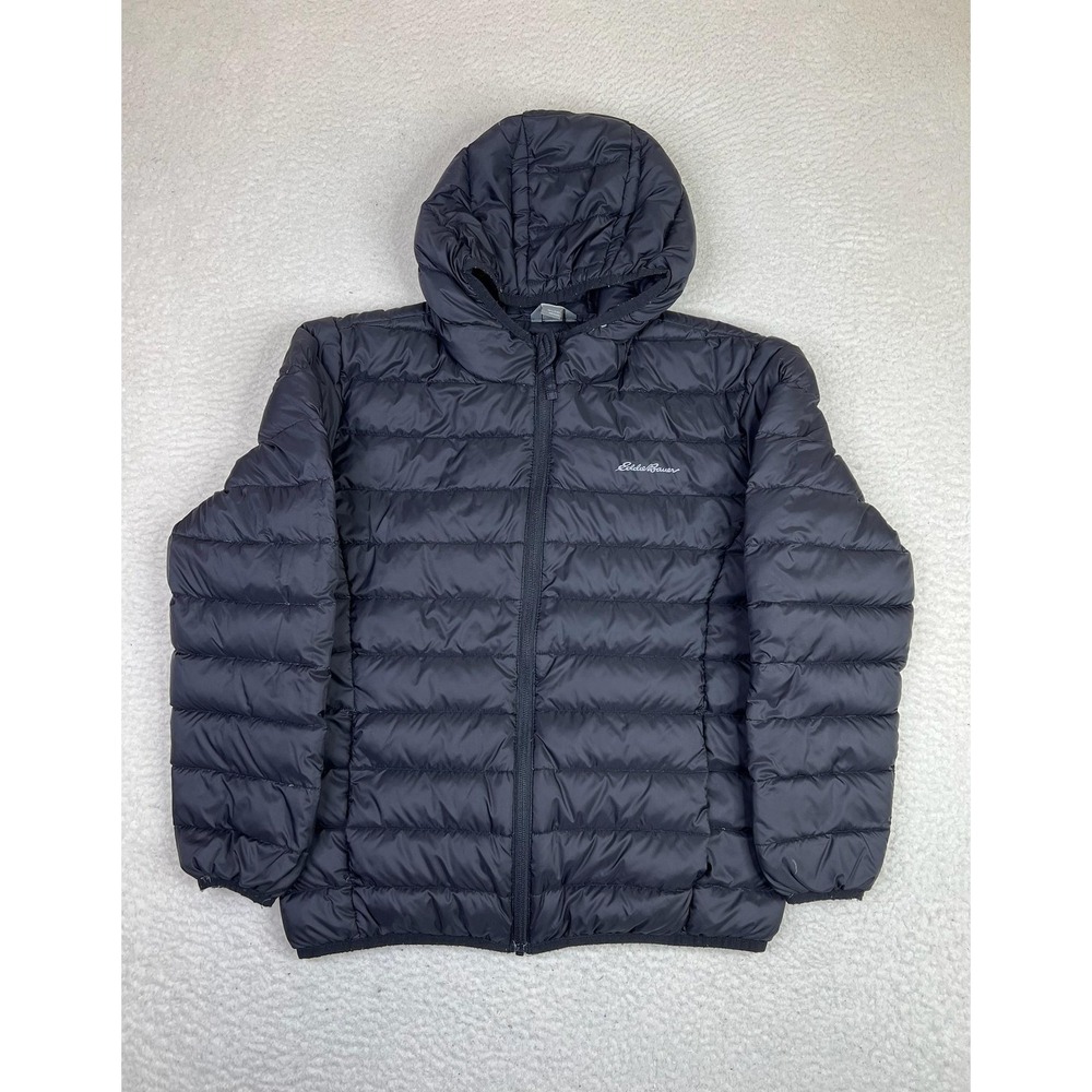 Eddie Bauer Puffer Jacket Kids Large 14 Black Hooded Down Quilted U31OW824 - Picture 1 of 13